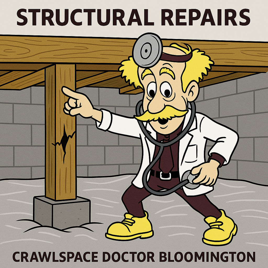 Cartoon Crawlspace Doctor examining a cracked wooden support beam in a crawl space, promoting structural repair services