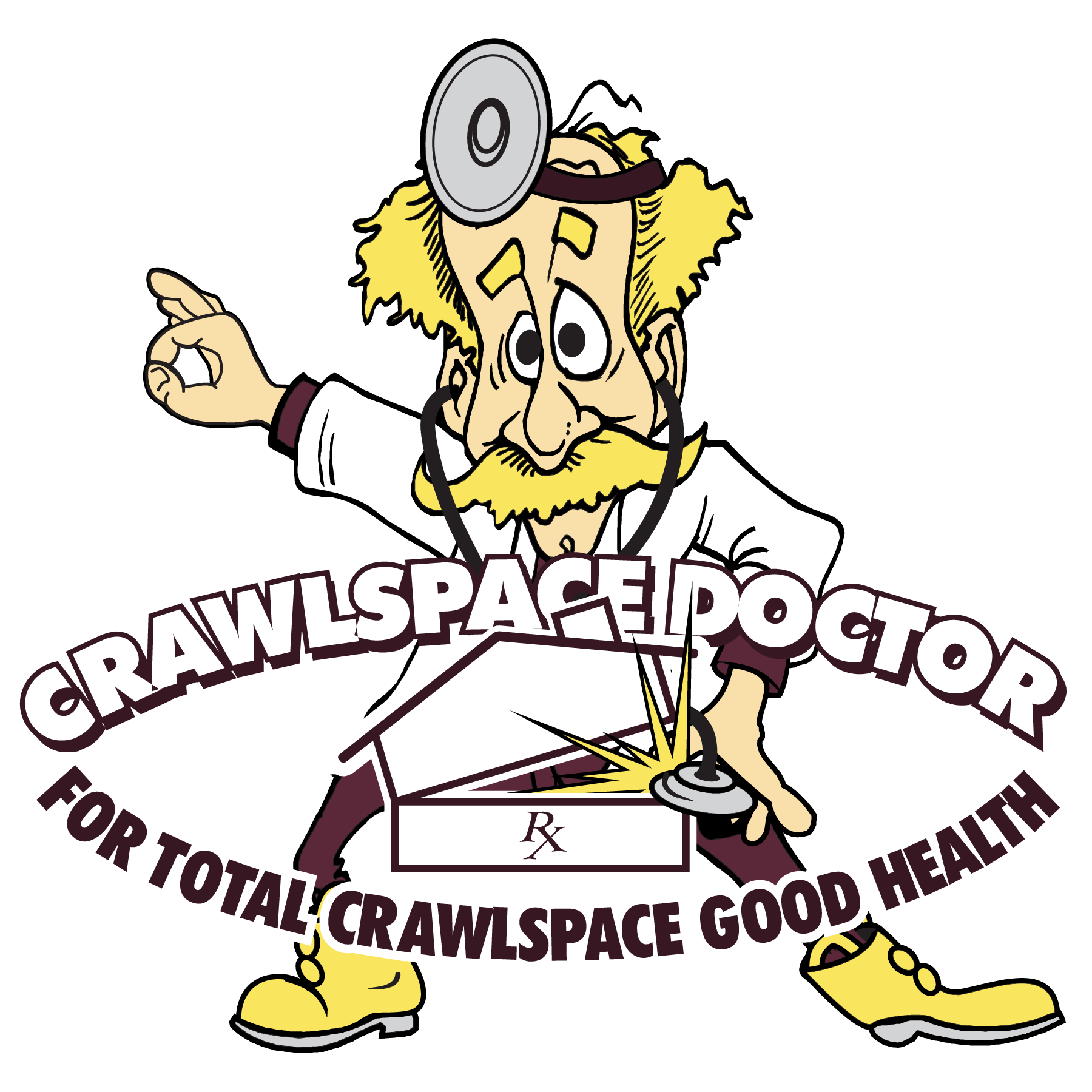 Cartoon logo of a doctor character with a stethoscope and yellow shoes, inspecting a crawlspace with text reading "Crawlspace Doctor – For Total Crawlspace Good Health"