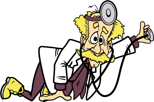 Cartoon crawlspace doctor crawling with stethoscope extended