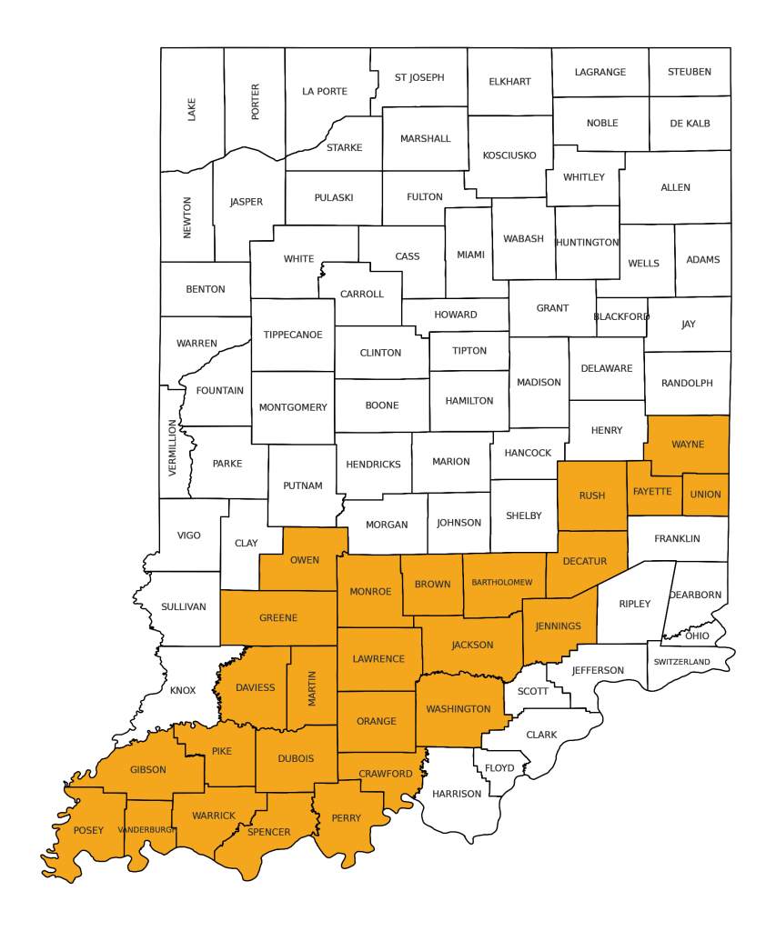 Map of Indiana highlighting service areas in southern and central counties, including Monroe, Lawrence, Jackson, and Vanderburgh.