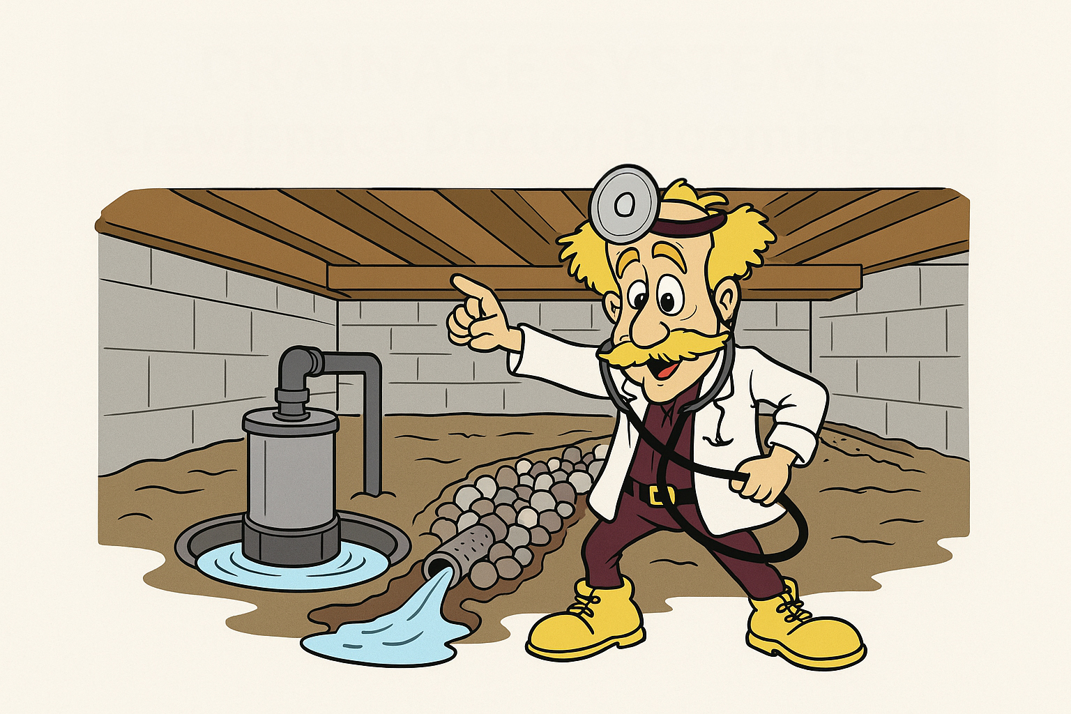 Cartoon Crawlspace Doctor pointing to a sump pump and French drain inside a crawl space with water flow and cinder block walls