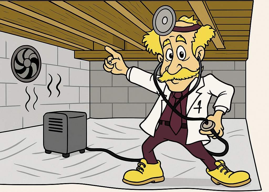 Cartoon Crawlspace Doctor character pointing at a dehumidifier in a crawl space with airflow, illustrating humidity control service