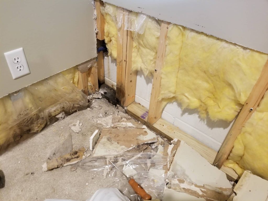 Exposed interior wall with removed drywall, showing yellow fiberglass insulation, mold growth, and construction debris on the floor.