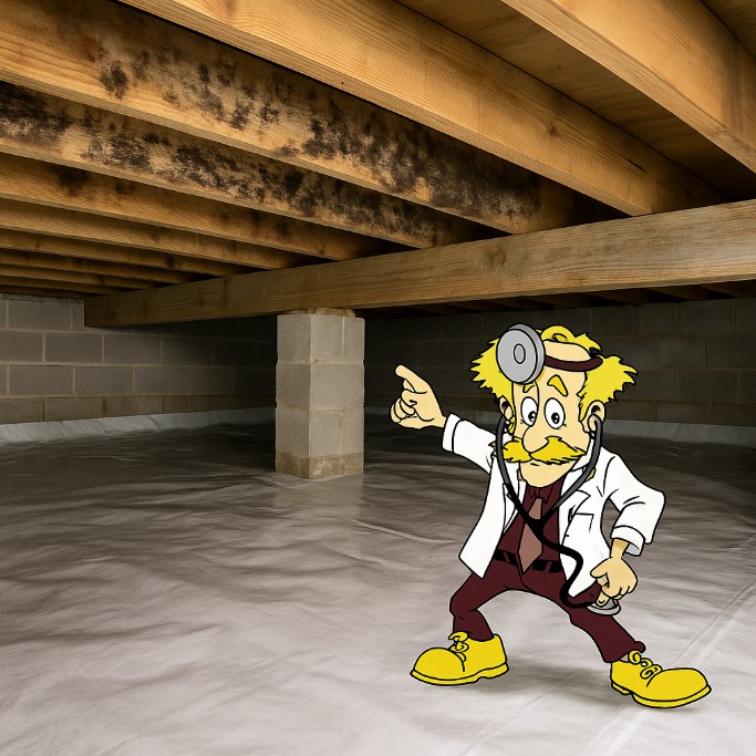 Crawl space with visible black mold on wooden joists, inspected by a cartoon doctor mascot in yellow boots and white coat
